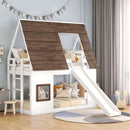 Wood Twin Size House Bunk Bed With Roof, Ladder And Slide - White / Brown by HouseOfZazla