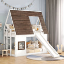 Wood Twin Size House Bunk Bed With Roof, Ladder And Slide - White / Brown by Unique Piece Furniture