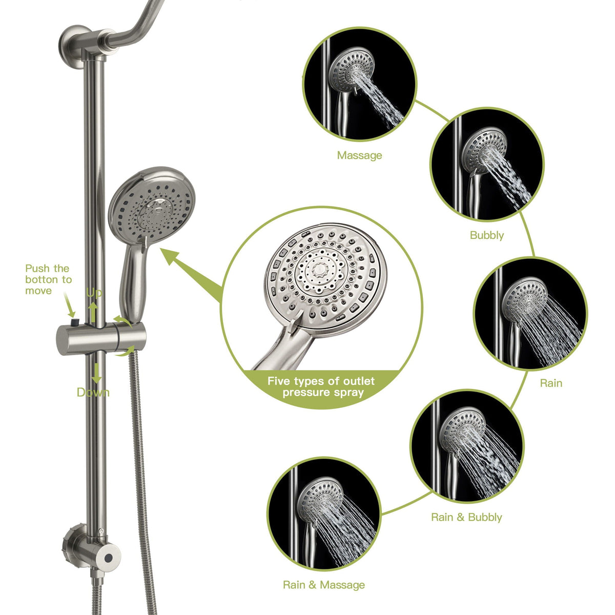 Shower System With 5 Function Rain Hand Shower And Slide Bar Combo, photo 19 of 25