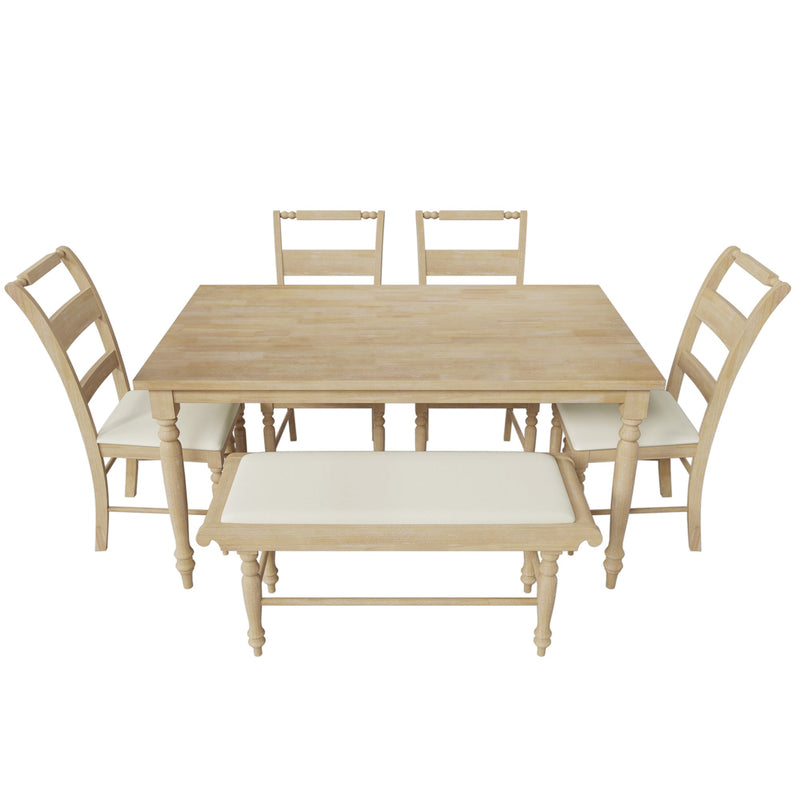 6-peice Dining Set with Turned Legs, Kitchen Table Set with Upholstered Dining Chairs and Bench,Retro Style, Natural