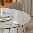 Luxury Round 59" Sintered Stone Dining Table With Stainless Steel Hourglass Base, Scratch & Heat Resistant Surface - Golden / White by HouseOfZazla