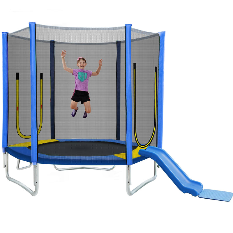 7FT Trampoline for Kids with Safety Enclosure Net, Slide and Ladder, Easy Assembly Round Outdoor Recreational Trampoline
