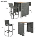 5-piece Outdoor Patio Wicker Bar Set, Bar Height Chairs With Non-Slip Feet And Fixed Rope, Removable Cushion, Acacia Wood Table Top, Brown Wood And Gray Wicker by Montret
