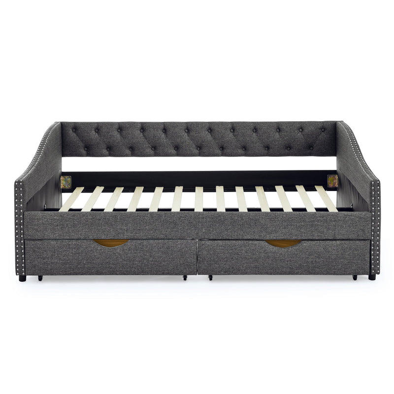 Full Size Daybed with Drawers Upholstered Tufted Sofa Bed, with Button on Back and Copper Nail on Waved Shape Arms(80.5"x55.5"x27.5")
