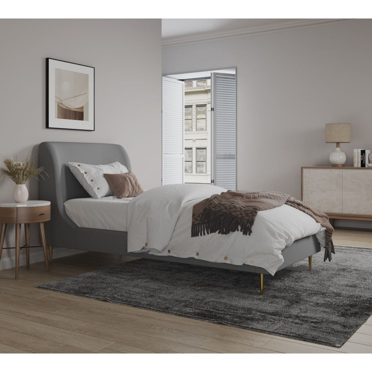 Mid-Century Modern Upholstered Bed With Curved Headboard, photo 22 of 40