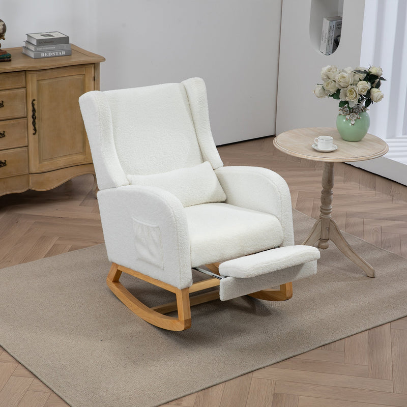 25.4'W Modern Rocking Chair for Nursery, Mid Century Accent Arm Rocker With Retractable Footrest, Side Pocket, Comfy Upholstered Wingback Wooden Glider Chair for Living Room Baby Kids Room. Ivory