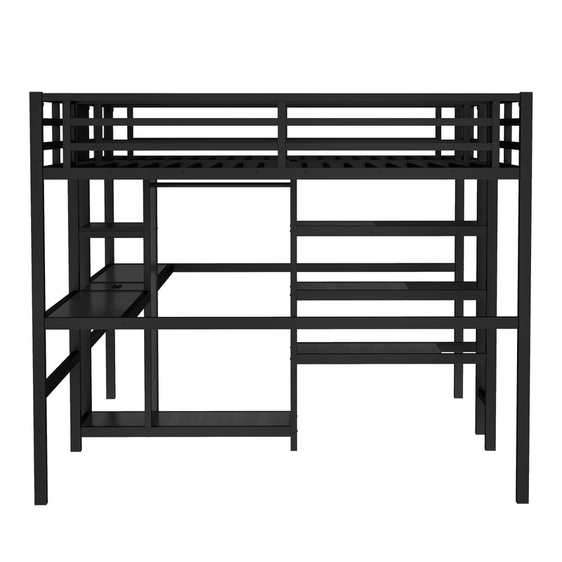 Twin Over Twin Metal Loft Bed with Double Desk and Wardrobe and Shelves with Electrical Outlet for Space Saving and Noise Reduction,Black