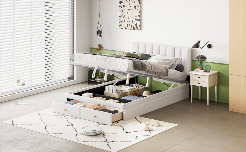 Full Size Upholstered Bed with Hydraulic Storage System and Drawer, White