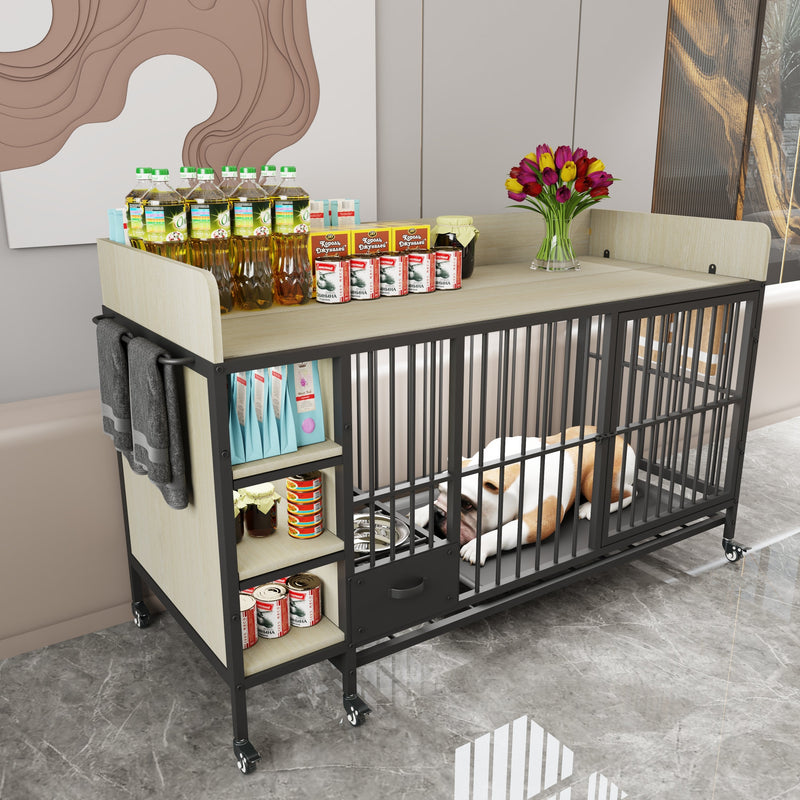 Large pet cage with storage rack, drawers with stainless steel food and water basin, made of iron frame and MDF material, sturdy, exquisite, and practical (black+beige)