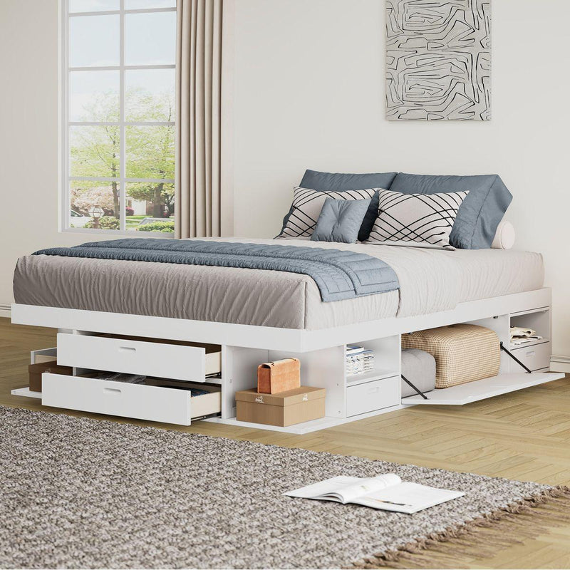Storage Platform Bed Frame with Multiple Drawers and Shelves No Box Spring Needed, Queen Size,White