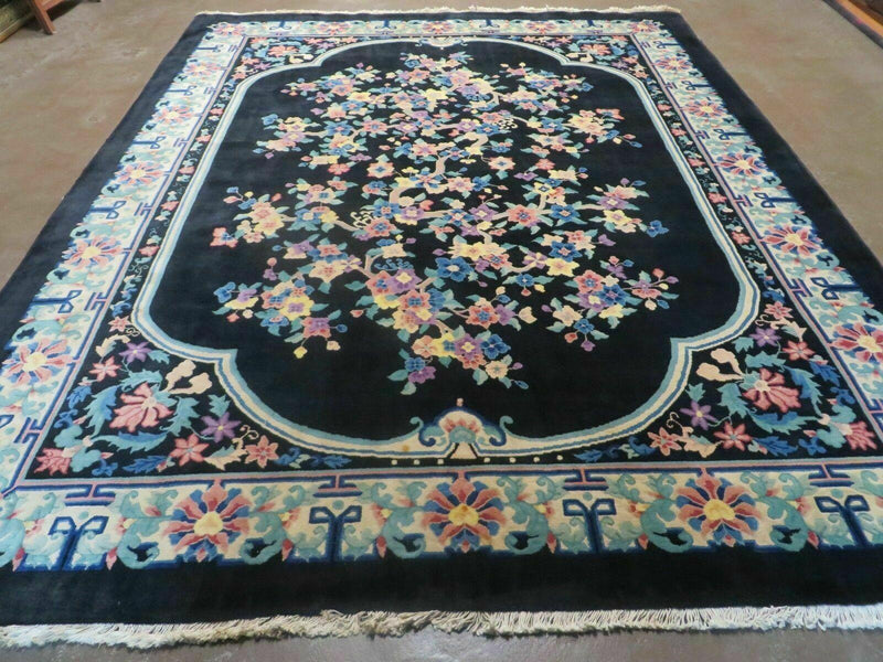 8' x 10' Vintage Handmade Art Deco Plush Chinese Wool Rug center Flower Black
