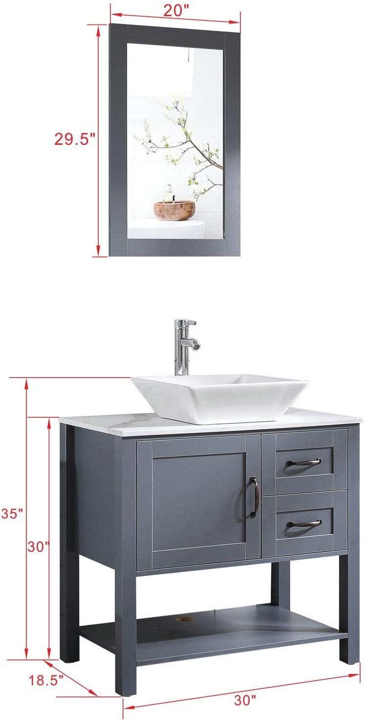 30" Gray Bathroom Vanity and Sink Combo Marble Pattern Top w/Mirror Faucet&Drain