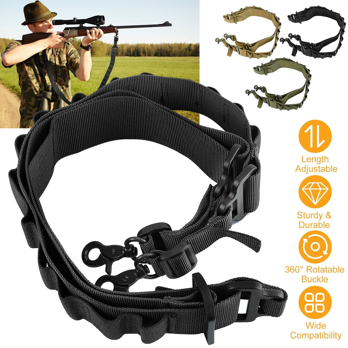 Tactical Shotgun Sling 2 Point Gun Sling Adjustable Shoulder Strap Rifle Shotgun Belts w/ 15-Shell Holders, photo 7 of 8