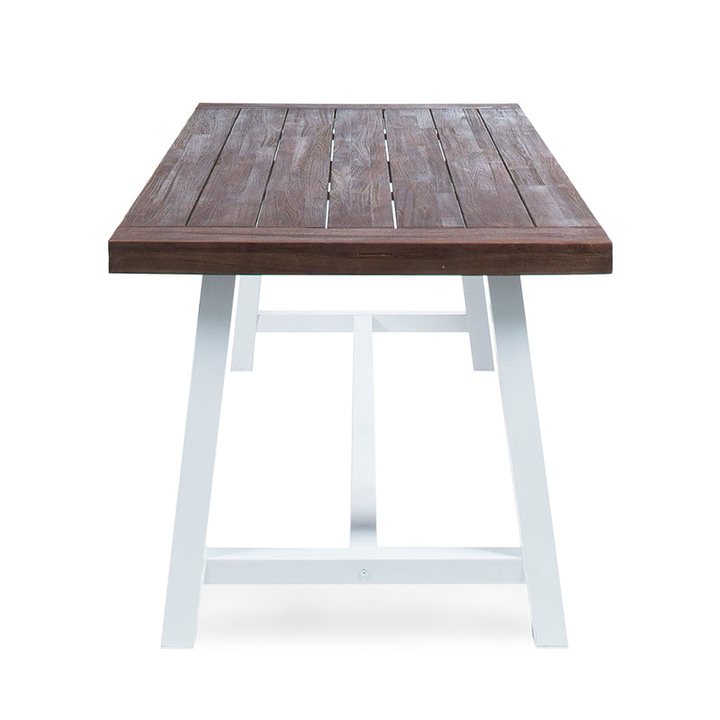 Outdoor Dark Brown Sandblast Finish Acacia Wood Dining Table with White Rustic Metal Frame, Weather Resistant