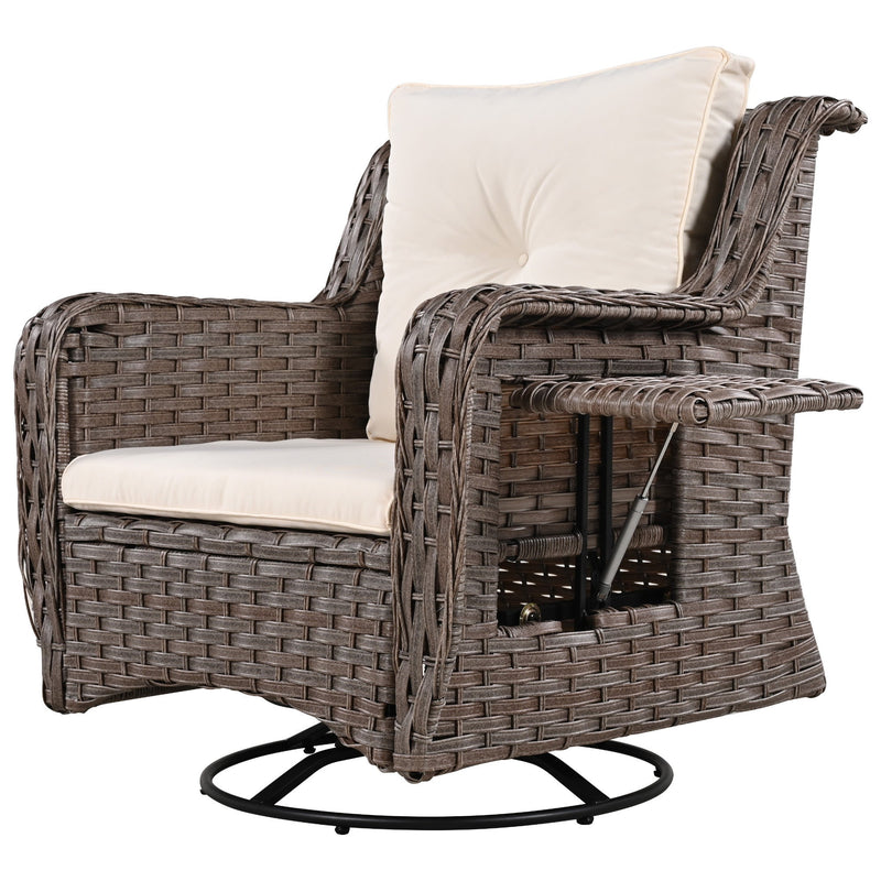 5 Pieces Outdoor Patio Furniture Set with Pet House Cool Bar and Retractable Side Tray, Rattan Wicker Patio Swivel Rocking Chairs Set of 2 with Ottomans for Backyard, Porch, Balcony, Beige