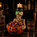 Halloween Skeleton Figurine with Pumpkin Candy Bowl & Candle Holder