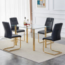 A modern minimalist style glass dining table. Transparent tempered glass tabletop with a thickness of 0.3 feet and golden metal legs. Suitable for restaurants and living rooms. 51"x31.4"x29.5"