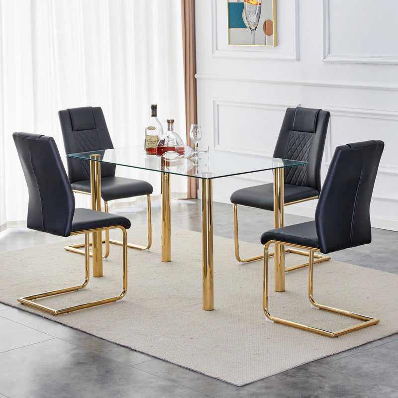 A modern minimalist style glass dining table. Transparent tempered glass tabletop with a thickness of 0.3 feet and golden metal legs. Suitable for restaurants and living rooms. 51"x31.4"x29.5"