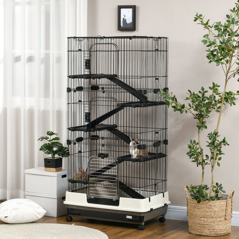 60" Small Animal Cage with Wheels, 6-Level Portable Bunny Cage, Chinchilla Ferret Cage with Removable Tray, Platforms and Ramps, Black