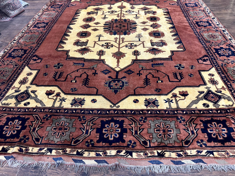 Afghan Heriz Rug 9x12, Tribal Geometric Serapi Carpet, Rust Cream and Navy, Wool on Wool