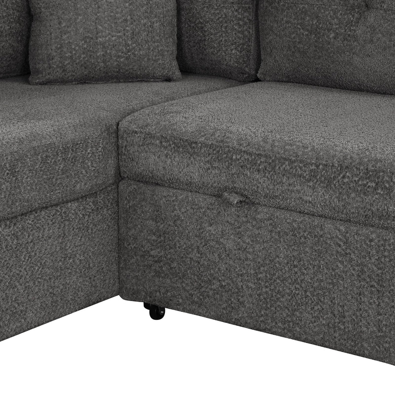 87.7" Convertible Sleeper, Sectional Pull Out Sofa Bed with Storage Ottoman, 2 Throw Pillows, 2 Stools, Wireless Charger and Two Hidden USB Ports for Living Room, Dark Gray