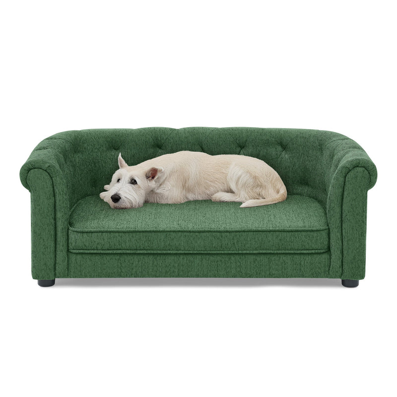 Contemporary Pet Sofa with Arc-Shaped Backrest and Armrests, Breathable Linen, Soft Cushion, Green, 38'x22'x15'