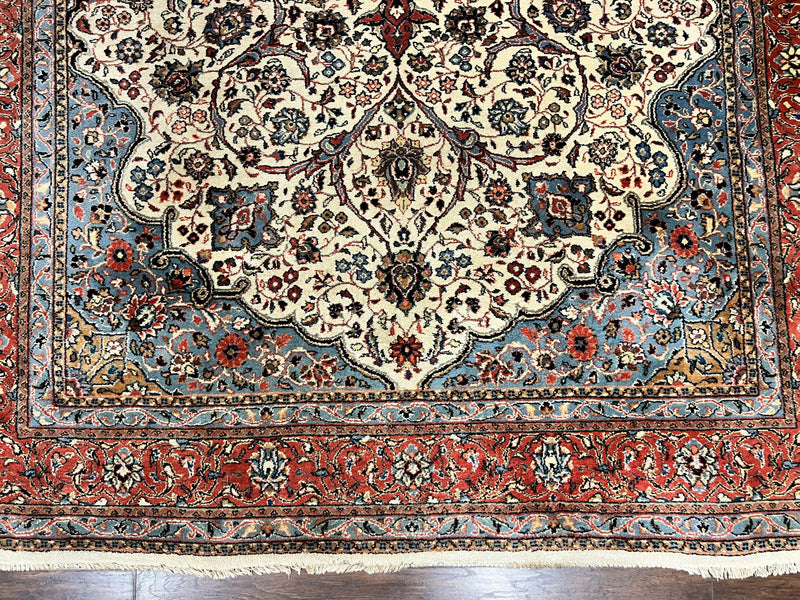 Persian Sarouk Rug 8x12, Wool Hand Knotted Antique Carpet, Floral Medallion, Cream Red, Traditional Oriental Rug