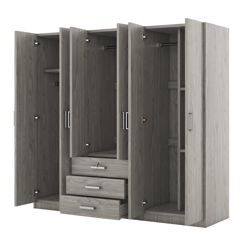 6-Doors Wooden Wardrobe Storage for Bedroom, with Big Drawers, Gray