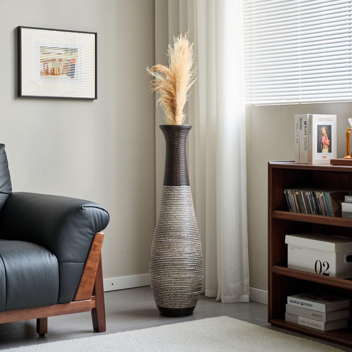 Tall Standing Designer Floor Vase Durable Artificial Rattan Elegant 2 Tone Finish Ideal Decor Accent For Living Room, Bedroom, Entryway Stylish Home Decor Statement Piece - Black / Gray, photo 14 of 17