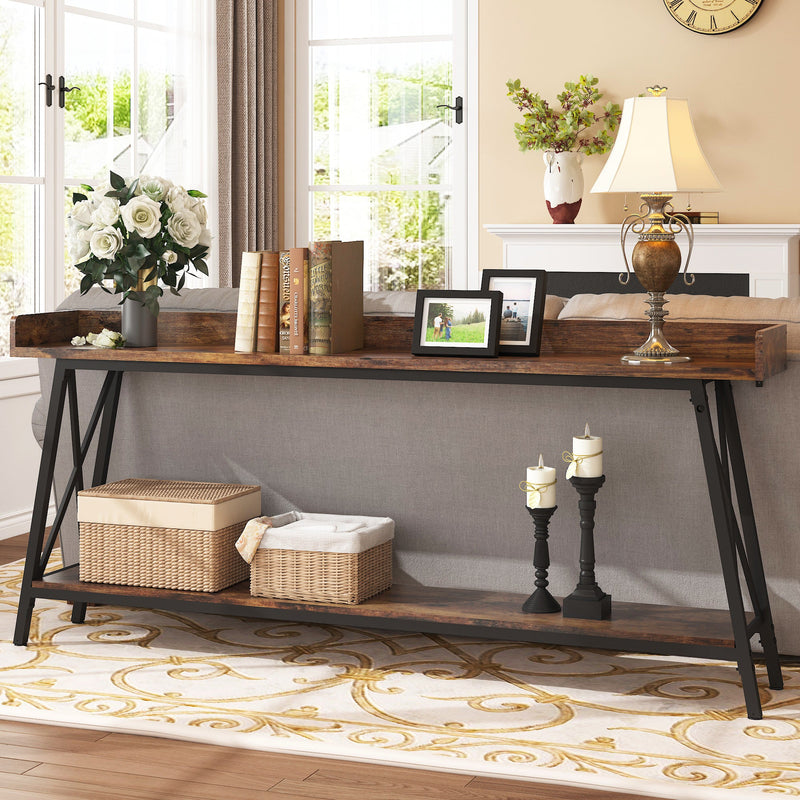 70.87 inch Extra Long Console Table Behind Couch, Rustic Industrial Sofa Table for Living Room, Narrow Entryway Hallway Long Bar Table, Brown+Black