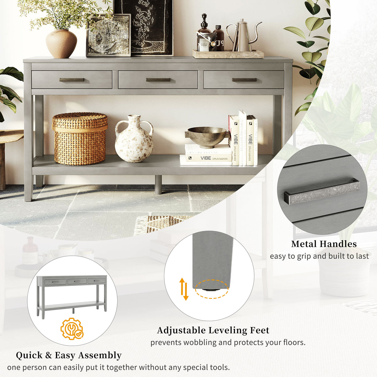 U_STYLE 59.1'' Farmhouse Entryway Table with 3 Drawers, photo 7 of 10