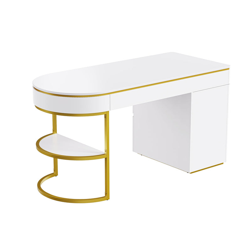 60"Modern Executive Desk,White Curved Computer Desk with Gold Metal Legs,3-Drawers Home Office Desk,Writing Desk with 1 Storage Cabinet for Home Office,Living Room,Gold+White
