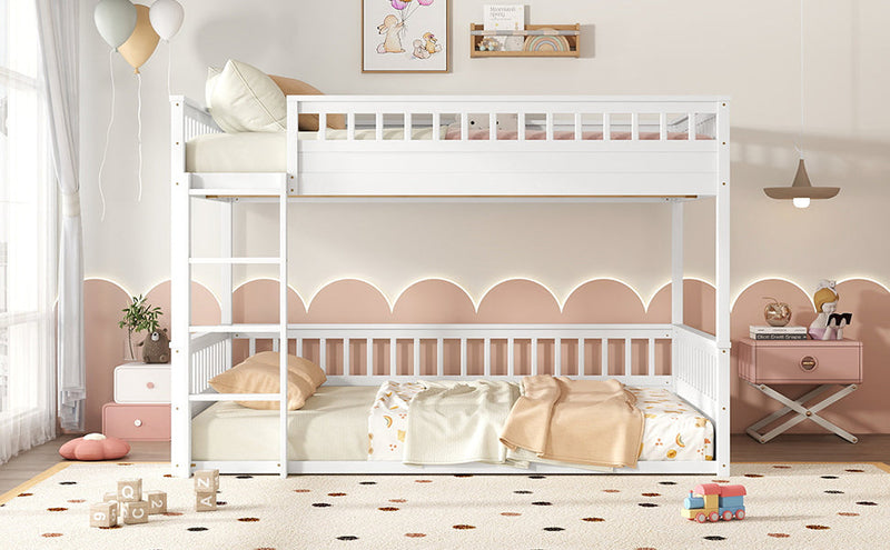 Queen over Queen Bunk Bed with Ladder and Guardrails, White