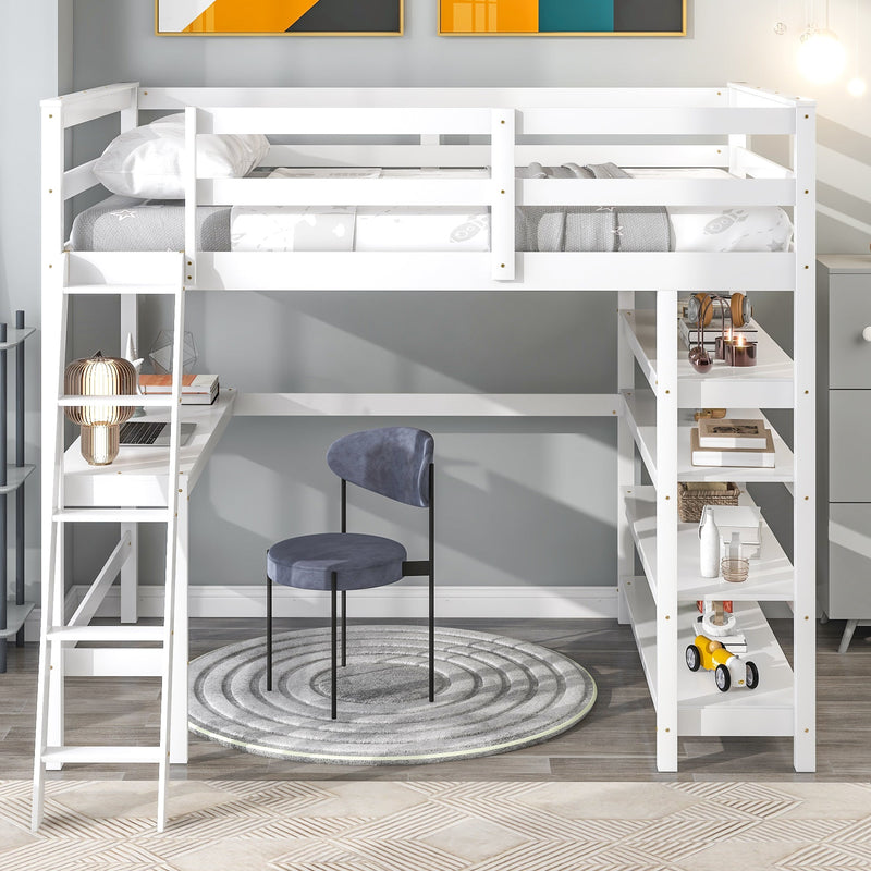 Loft Bed Full with desk,ladder,shelves, White