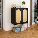 2 Door High Cabinet, Natural Rattan 2 Door high cabinet, Built-in adjustable shelf, Easy Assembly, Free Standing Cabinet for Living Room Bedroom, Hallway