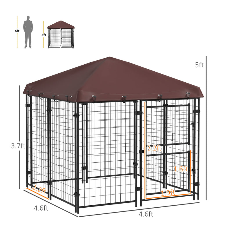 4.6' x 5' Dog Kennel Outdoor with Waterproof Cover, Dog Playpen for Small and Medium-Sized Dogs with Two Part Door Design, Brown