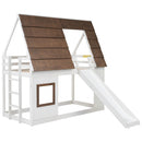 Wood Twin Size House Bunk Bed With Roof, Ladder And Slide - White / Brown by HouseOfZazla