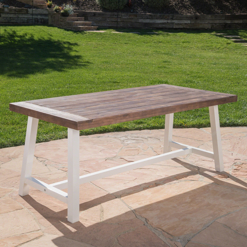 Outdoor Dark Brown Sandblast Finish Acacia Wood Dining Table with White Rustic Metal Frame, Weather Resistant