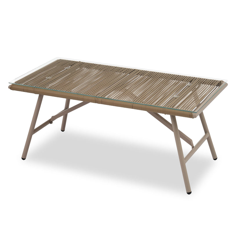 4-Piece Rope Sofa Set with Thick Cushions and Toughened Glass Table, All-Weather Patio Furniture Set For 4 Person With Loveseat, Beige