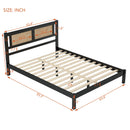 3-Pieces Bedroom Sets Queen Size Wooden Platform Bed with Natural Rattan Headboard, Nightstands Set of 2 with Rattan-Woven Surfaces and Three Drawers for Bedroom, Black