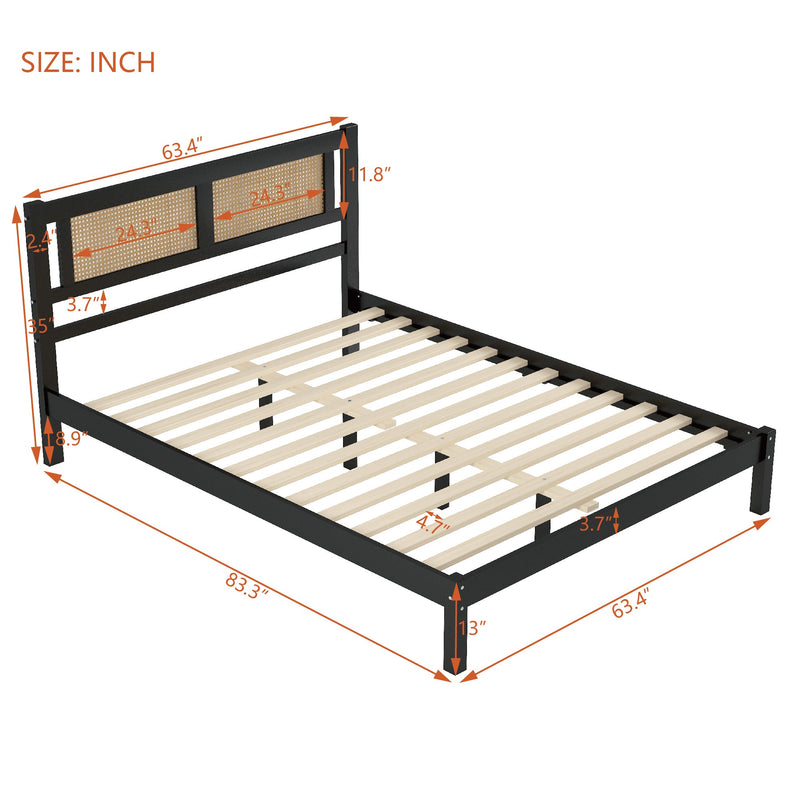 3-Pieces Bedroom Sets Queen Size Wooden Platform Bed with Natural Rattan Headboard, Nightstands Set of 2 with Rattan-Woven Surfaces and Three Drawers for Bedroom, Black