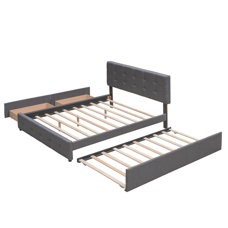 Upholstered Platform Bed with 2 Drawers and 1 Twin XL Trundle, Linen Fabric, Queen Size - Dark Gray