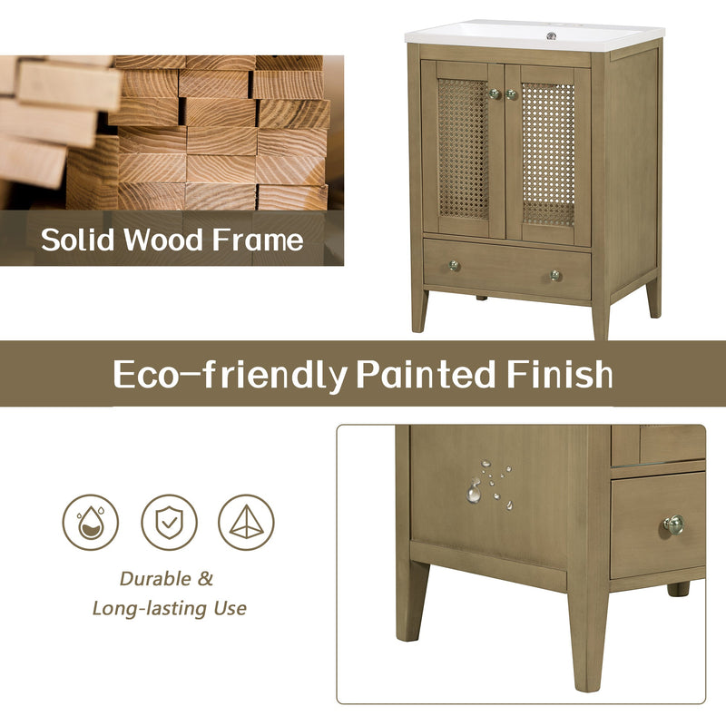 24" Bathroom Vanity with Ceramic Basin, Rattan Bathroom Storage Cabinet with Two Doors and Drawer, Solid Frame, Natural