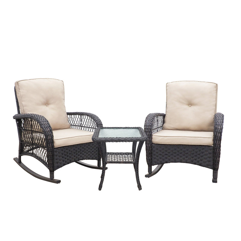 3 Pieces Conversation Set, Outdoor Wicker Rocker Patio Bistro Set, Rocking Chair with Glass Top Side Table