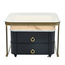 2-in-1 Square Nesting Coffee Table with Wheels & Drawers, Stackable Side Table with High Gloss Marble Grain Top, End Table Set with Brown Tempered Glass for Living Room, Black