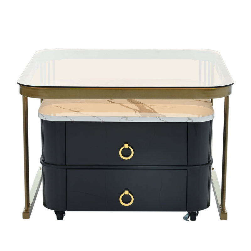 2-in-1 Square Nesting Coffee Table with Wheels & Drawers, Stackable Side Table with High Gloss Marble Grain Top, End Table Set with Brown Tempered Glass for Living Room, Black