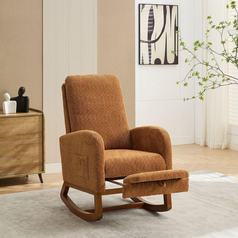 25.4"W Rocking Chair for Nursery, High Back Glider Chair with Retractable Footrest, Side Pocket, Rocking Accent Armchair with Rubber Wood Legs for Living Room/Bedroom.Caramel