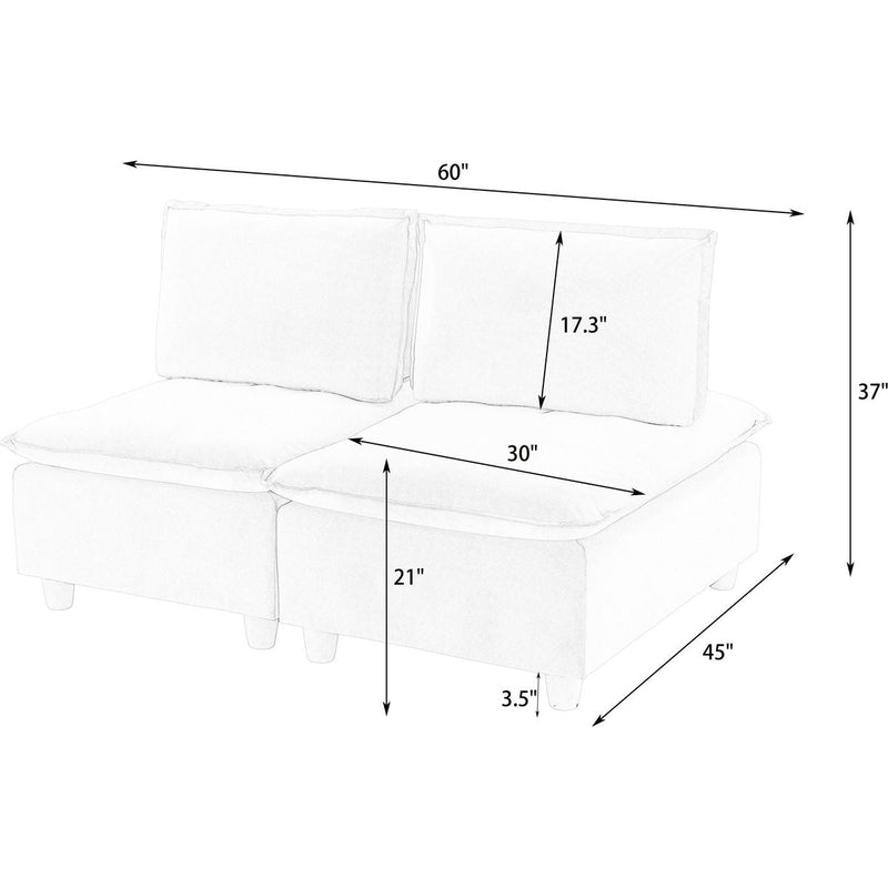 58-inch double-seat sofa in straight-row style, made of beige flannel, with a fashionable and minimalist design, which is suitable for the living room and balcony.