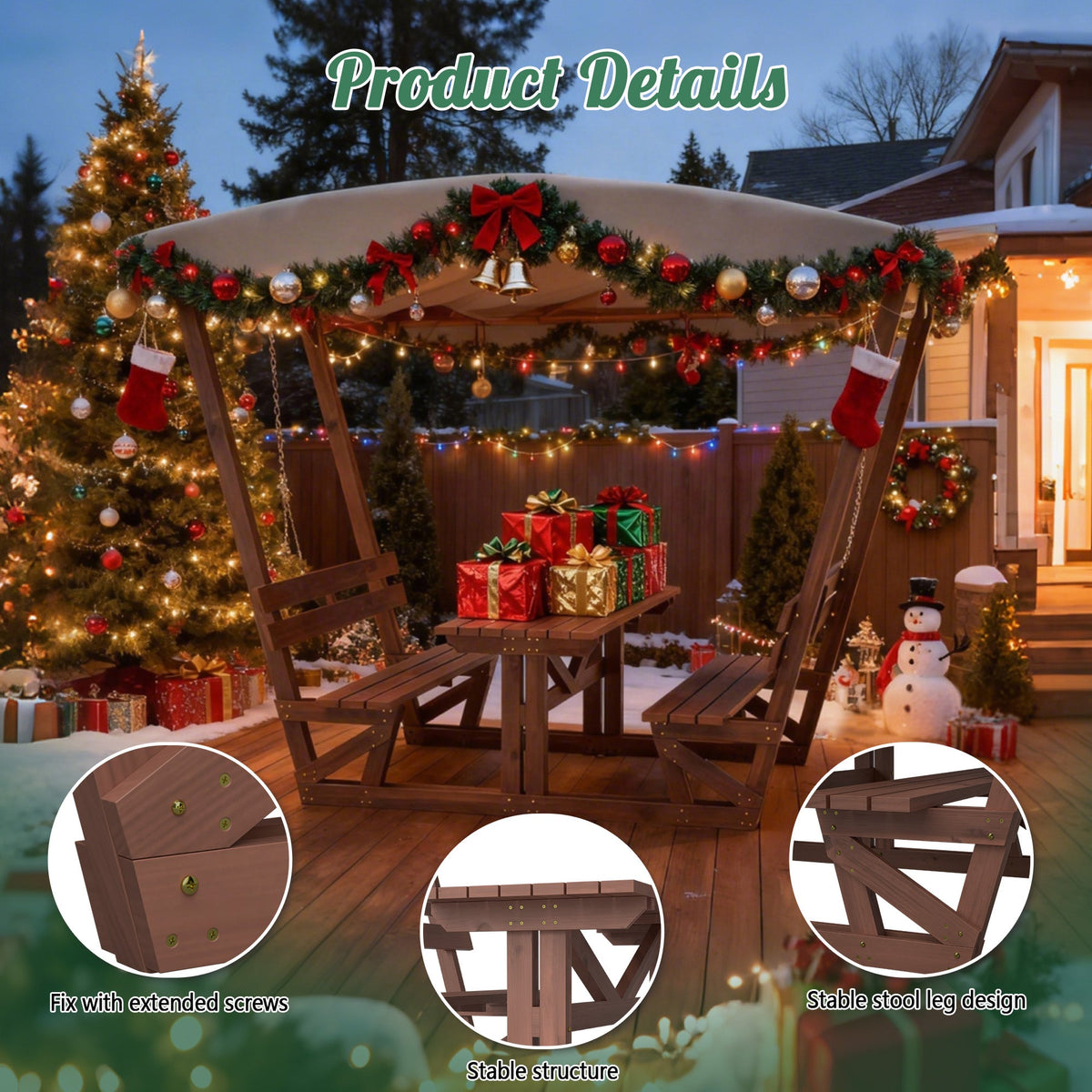 Outdoor Waterproof Solid Wood Picnic Table and Bench Set with Removable Canopy, photo 4 of 10