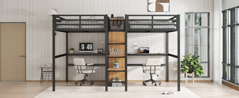 Twin Over Twin Metal Loft Bed with Double Desk and Wardrobe and Shelves with Electrical Outlet for Space Saving and Noise Reduction, woodgrain